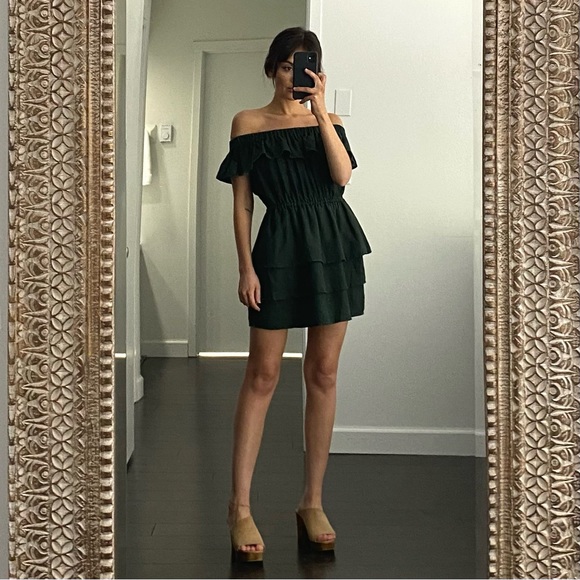 SIR the label Dresses & Skirts - SIR The Label / Revolve Stefi Linen Off Shoulder Ruffle Mini Dress in Dark Olive